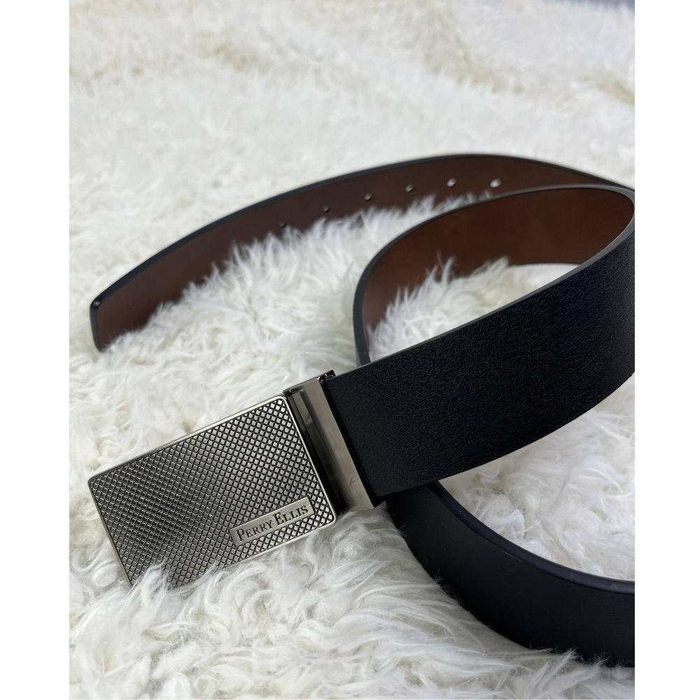 Perry‎ Ellis Reversible Belt Black Brown Silver Buckle Men's Size 34/86